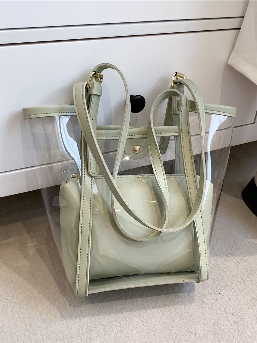 Mini Contrast Binding Bucket Bag Waterproof PVC With Inner Pouch For Beach, Clear Bag