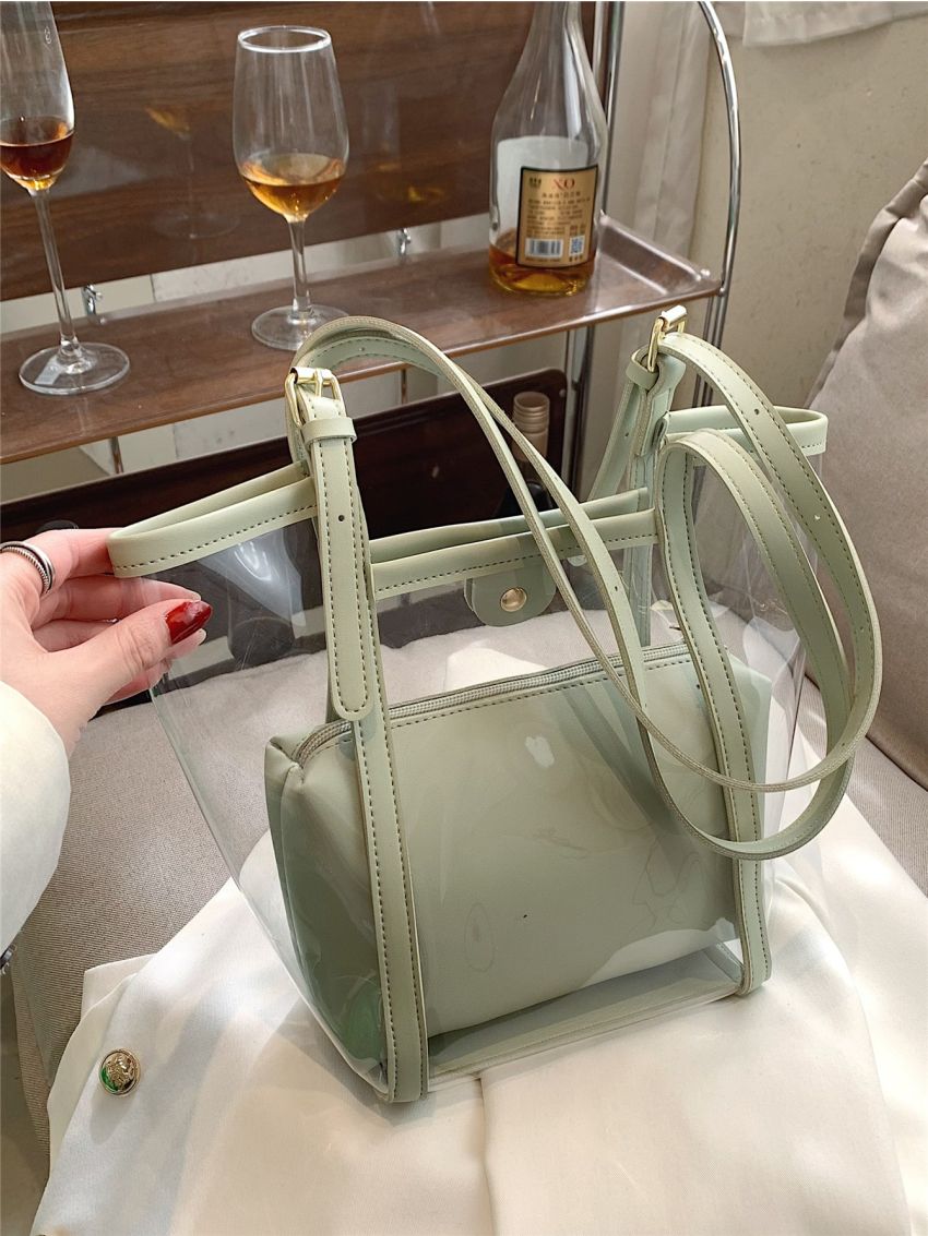 Mini Contrast Binding Bucket Bag Waterproof PVC With Inner Pouch For Beach, Clear Bag