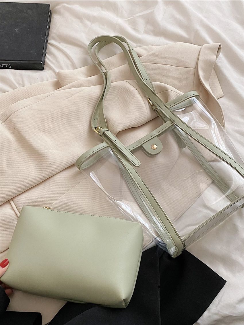 Mini Contrast Binding Bucket Bag Waterproof PVC With Inner Pouch For Beach, Clear Bag