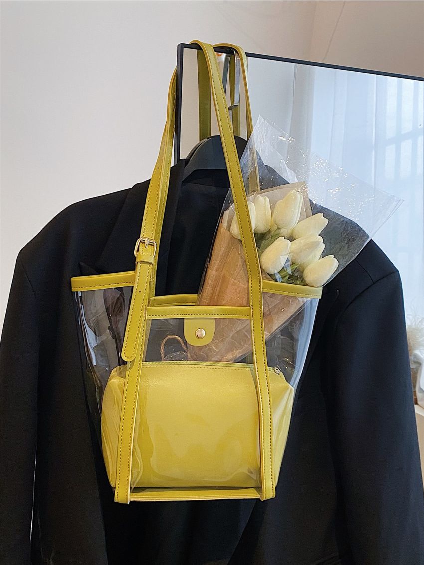 Mini Contrast Binding Bucket Bag Waterproof PVC With Inner Pouch For Beach, Clear Bag