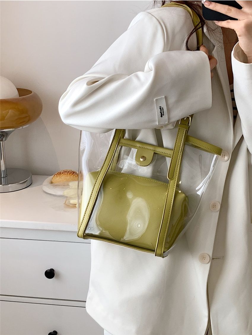 Mini Contrast Binding Bucket Bag Waterproof PVC With Inner Pouch For Beach, Clear Bag