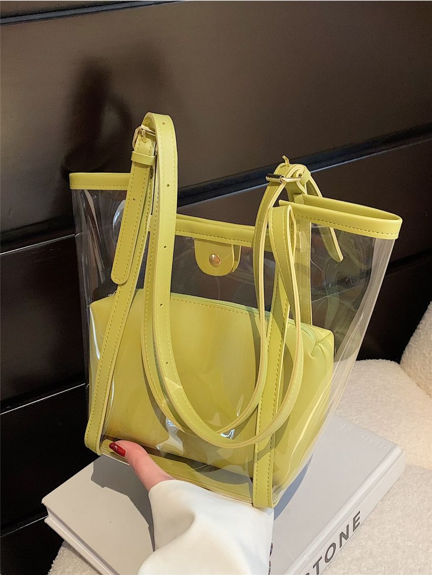 Mini Contrast Binding Bucket Bag Waterproof PVC With Inner Pouch For Beach, Clear Bag