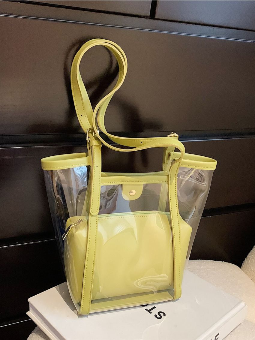 Mini Contrast Binding Bucket Bag Waterproof PVC With Inner Pouch For Beach, Clear Bag