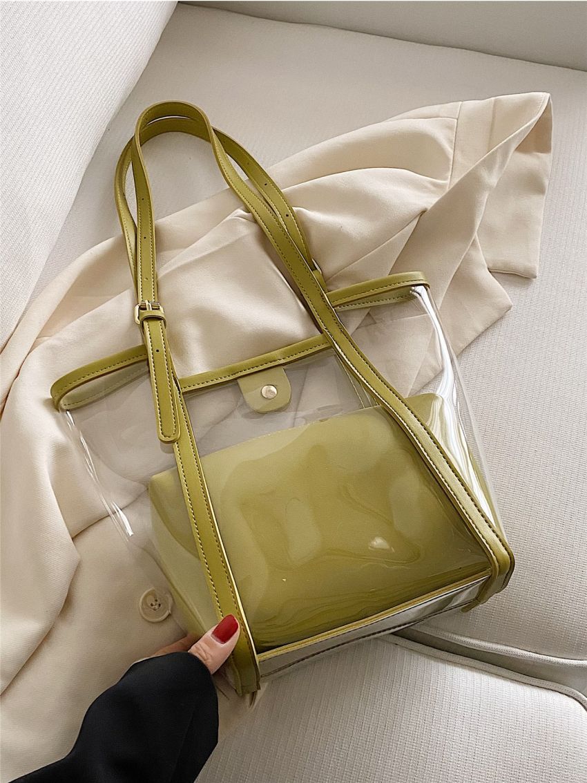 Mini Contrast Binding Bucket Bag Waterproof PVC With Inner Pouch For Beach, Clear Bag