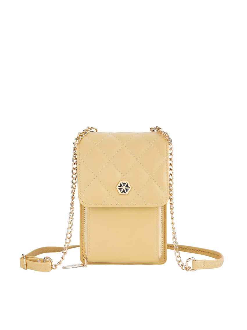 Quilted Phone Wallet Yellow Metal Decor Credit Card Holder For Daily