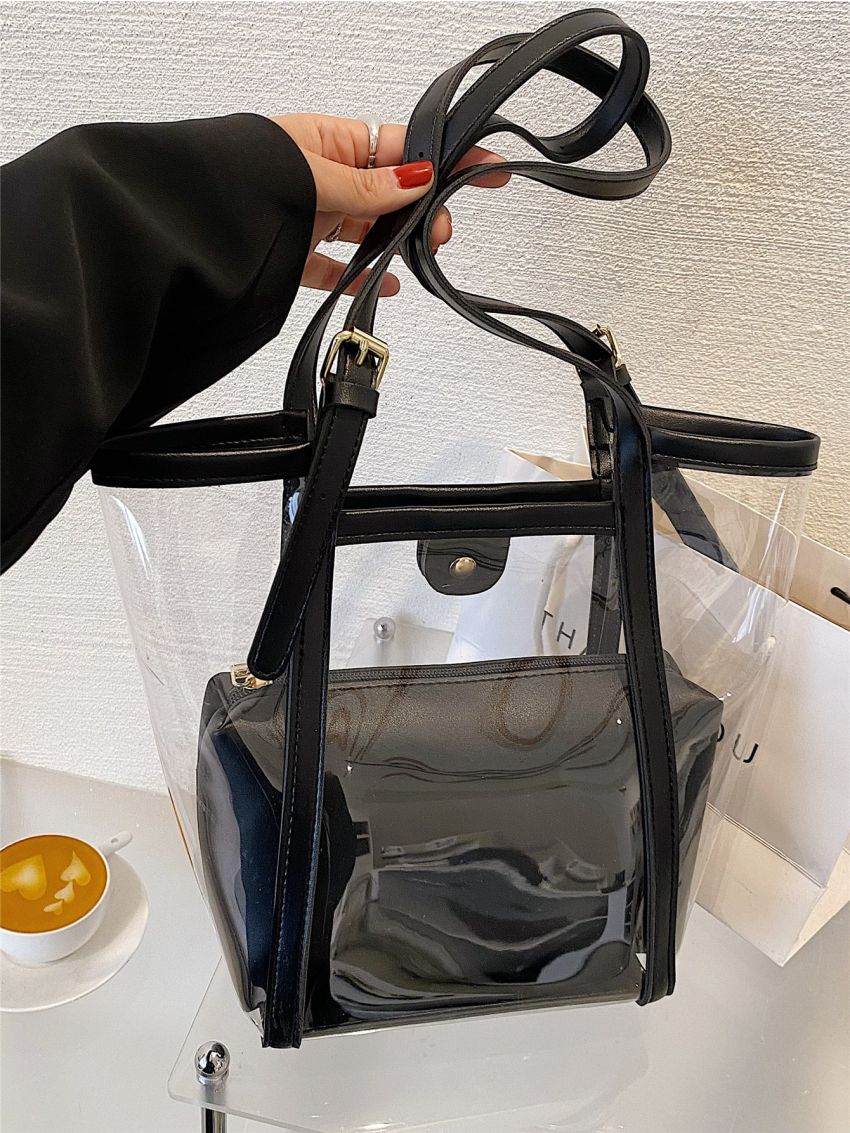 Mini Contrast Binding Bucket Bag Waterproof PVC With Inner Pouch For Beach, Clear Bag