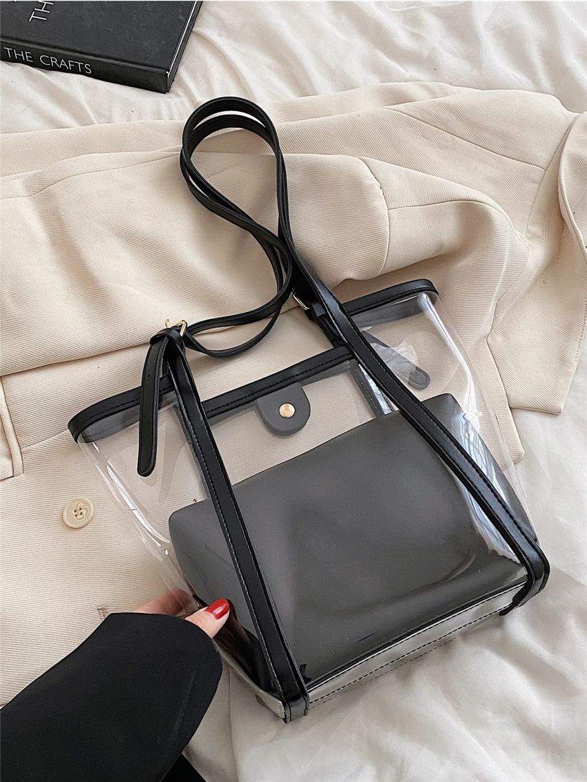 Mini Contrast Binding Bucket Bag Waterproof PVC With Inner Pouch For Beach, Clear Bag