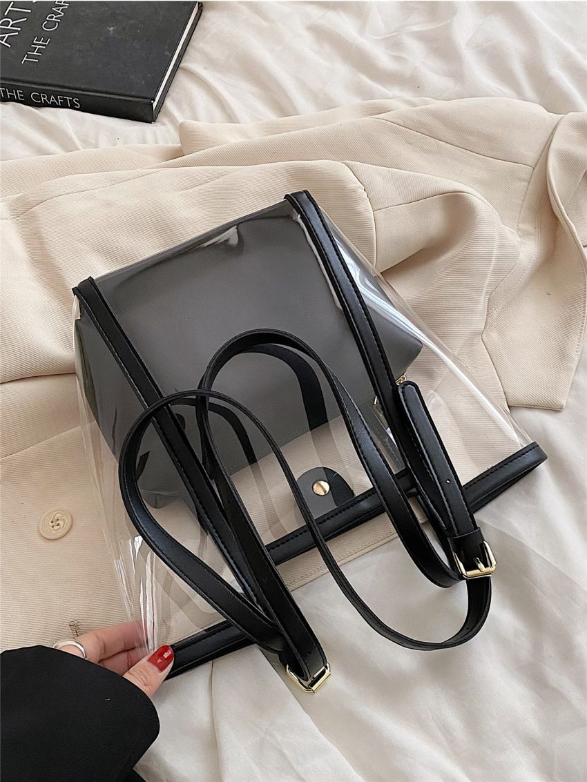 Mini Contrast Binding Bucket Bag Waterproof PVC With Inner Pouch For Beach, Clear Bag