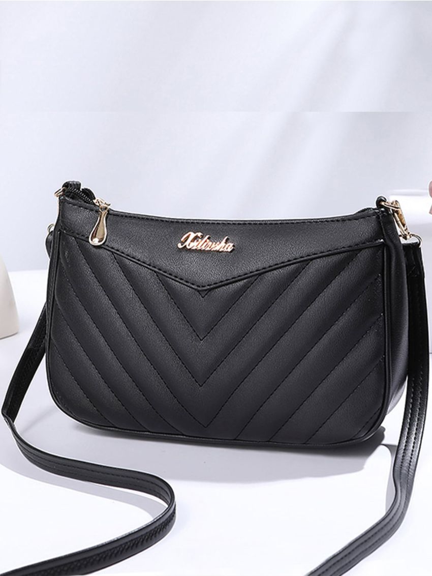 Letter Decor Chain Square Bag Chevron Quilted