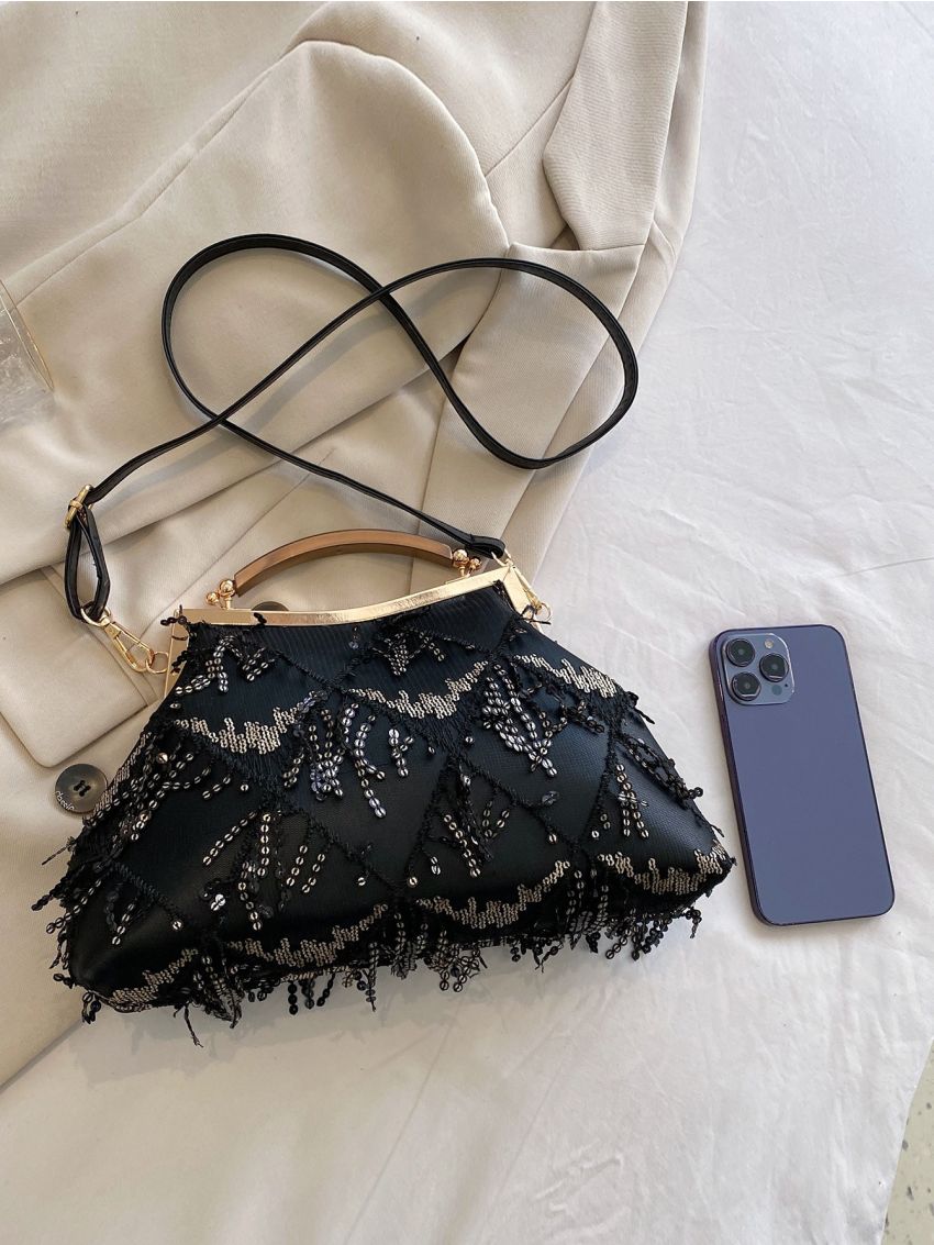 Sequin Decor Square Bag Kiss Lock Black Glamorous