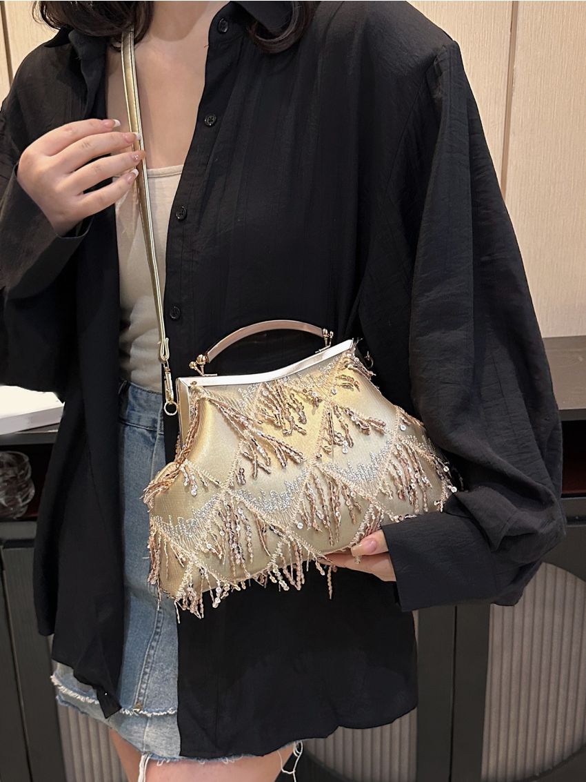 Satin Evening Bag Glamorous Sequins Decor Adjustable-strap Double Handle Kiss Lock For Evening