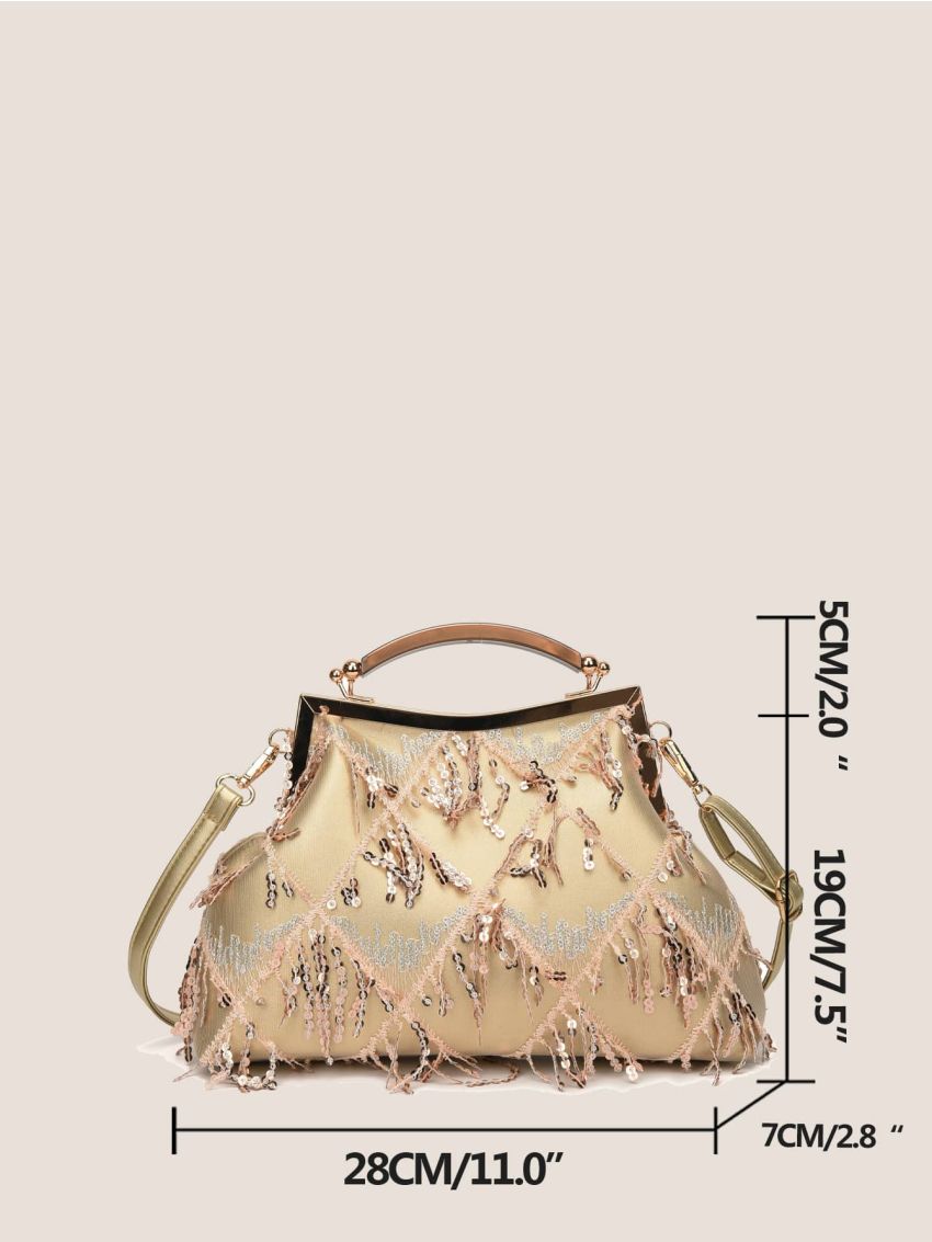 Satin Evening Bag Glamorous Sequins Decor Adjustable-strap Double Handle Kiss Lock For Evening