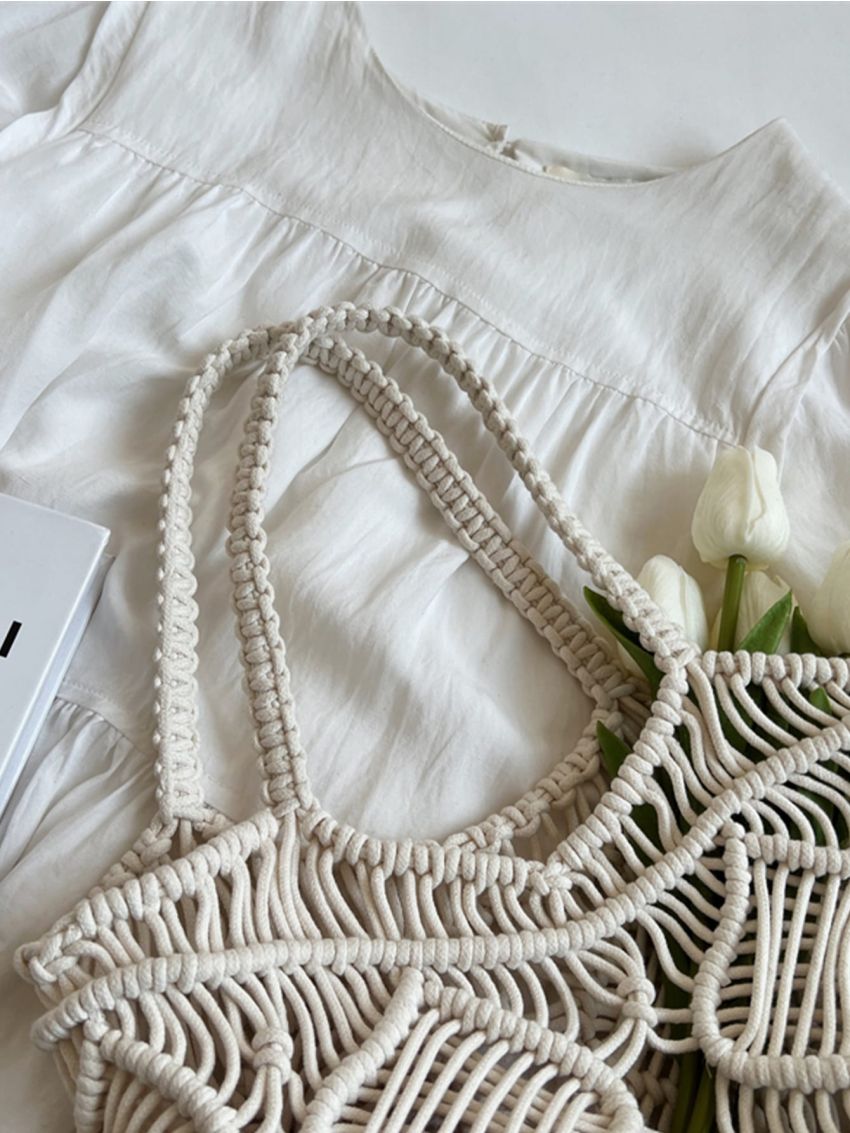 Plain Tote Bag Vacation Hollow Decor Double Handle No-closure For Travel