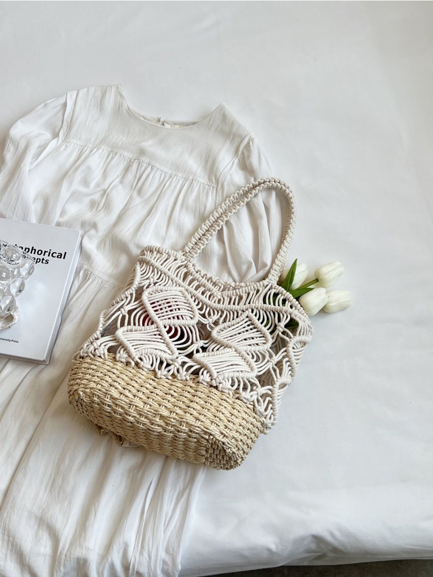 Plain Tote Bag Vacation Hollow Decor Double Handle No-closure For Travel