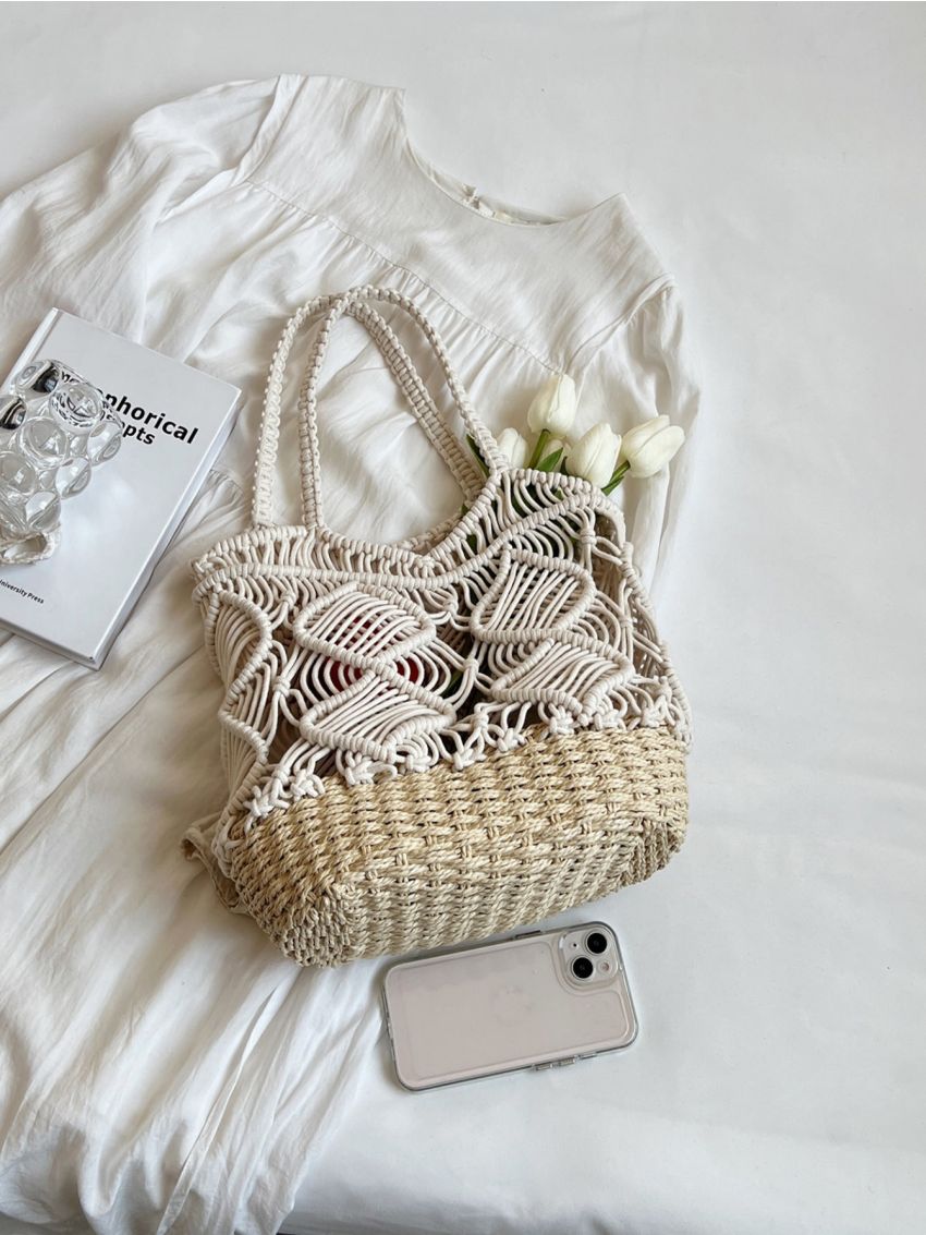 Plain Tote Bag Vacation Hollow Decor Double Handle No-closure For Travel