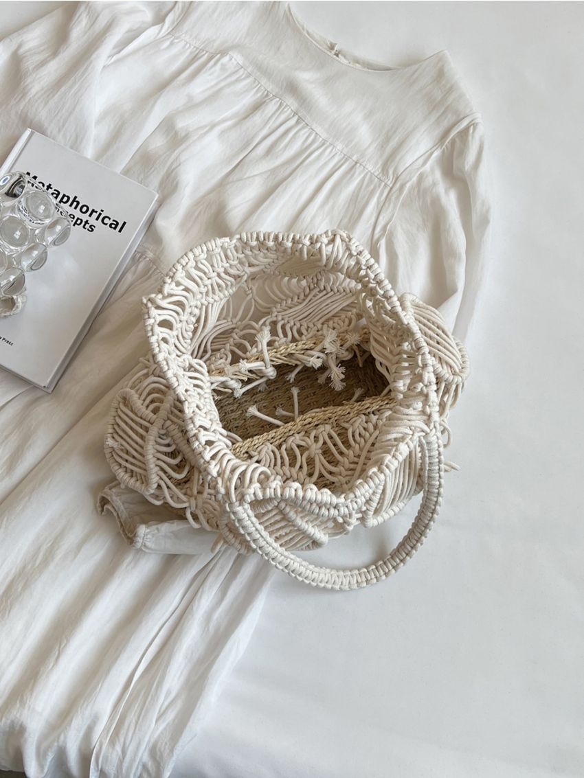 Plain Tote Bag Vacation Hollow Decor Double Handle No-closure For Travel