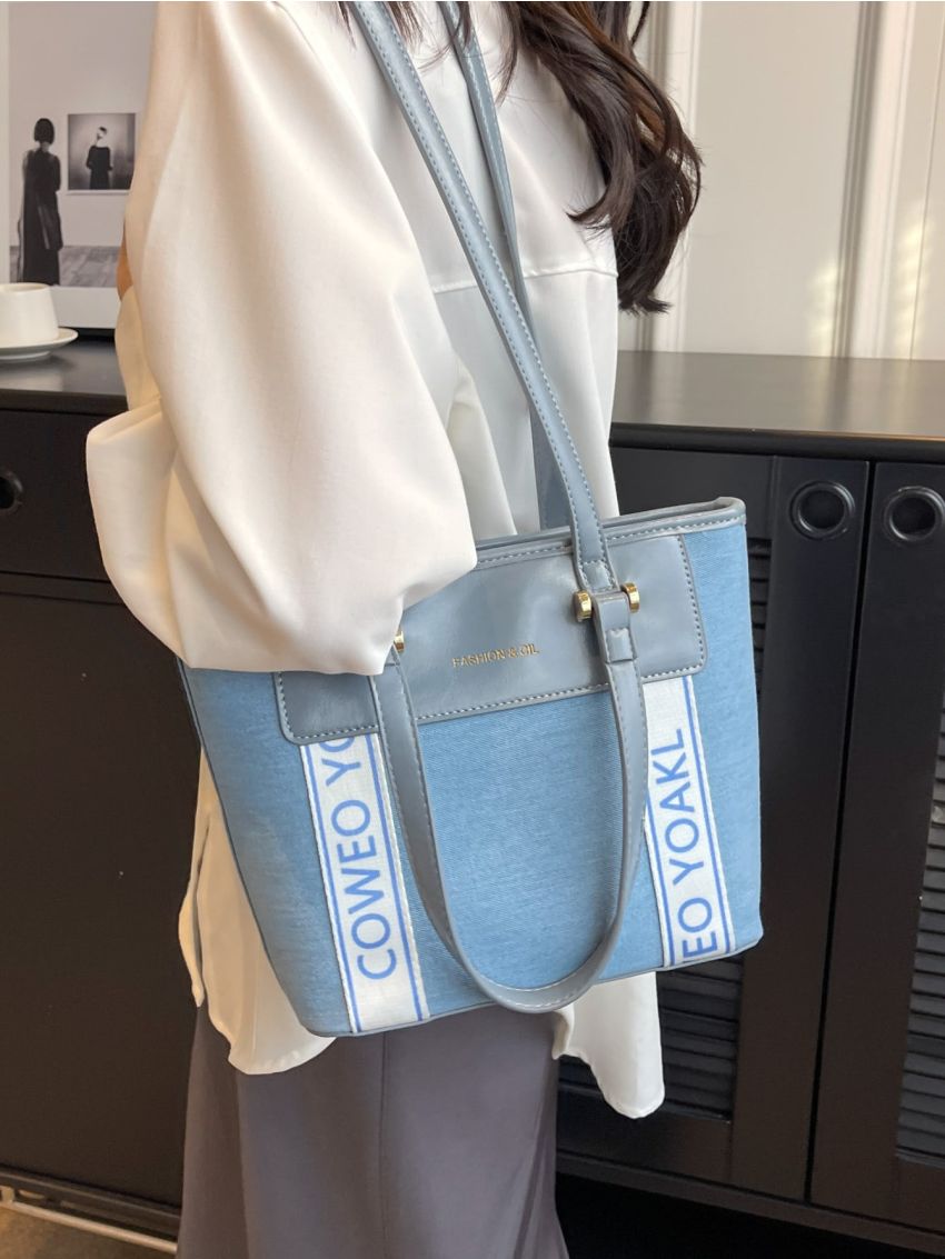 Letter Tape Decor Square Bag Polyester Color Block For Daily Life