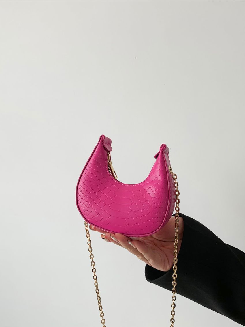 Mini Hobo Bag Snakeskin Embossed Neon Pink PU For Daily Life