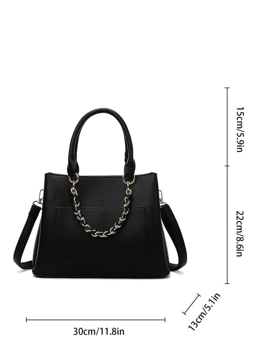 3pcs Litchi Embossed Tote Clutch Purse Wallet Bag PU Chain Decor For Daily Life, Best Work Bag For Women