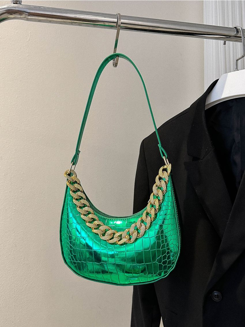 Crocodile Embossed Hobo Bag Metallic Chain PU For Daily Life