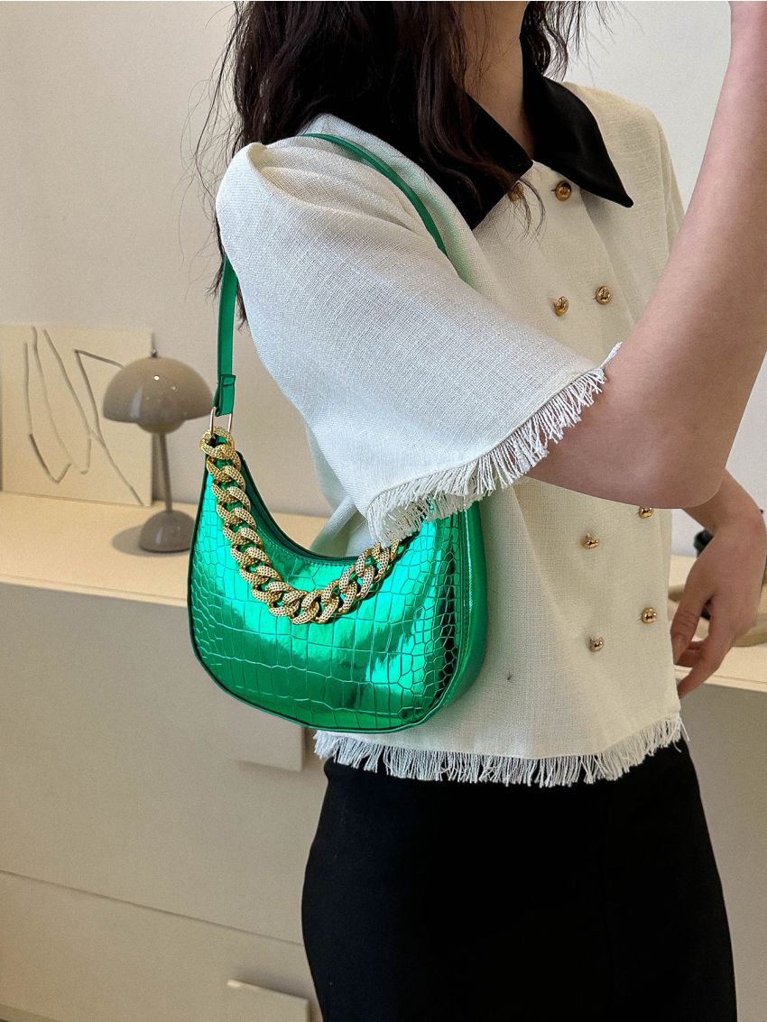 Crocodile Embossed Hobo Bag Metallic Chain PU For Daily Life