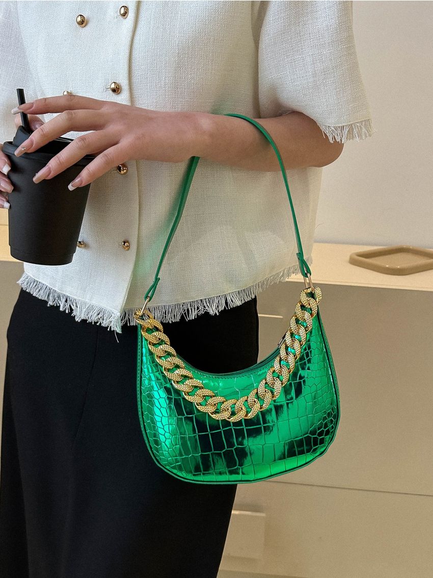 Crocodile Embossed Hobo Bag Metallic Chain PU For Daily Life