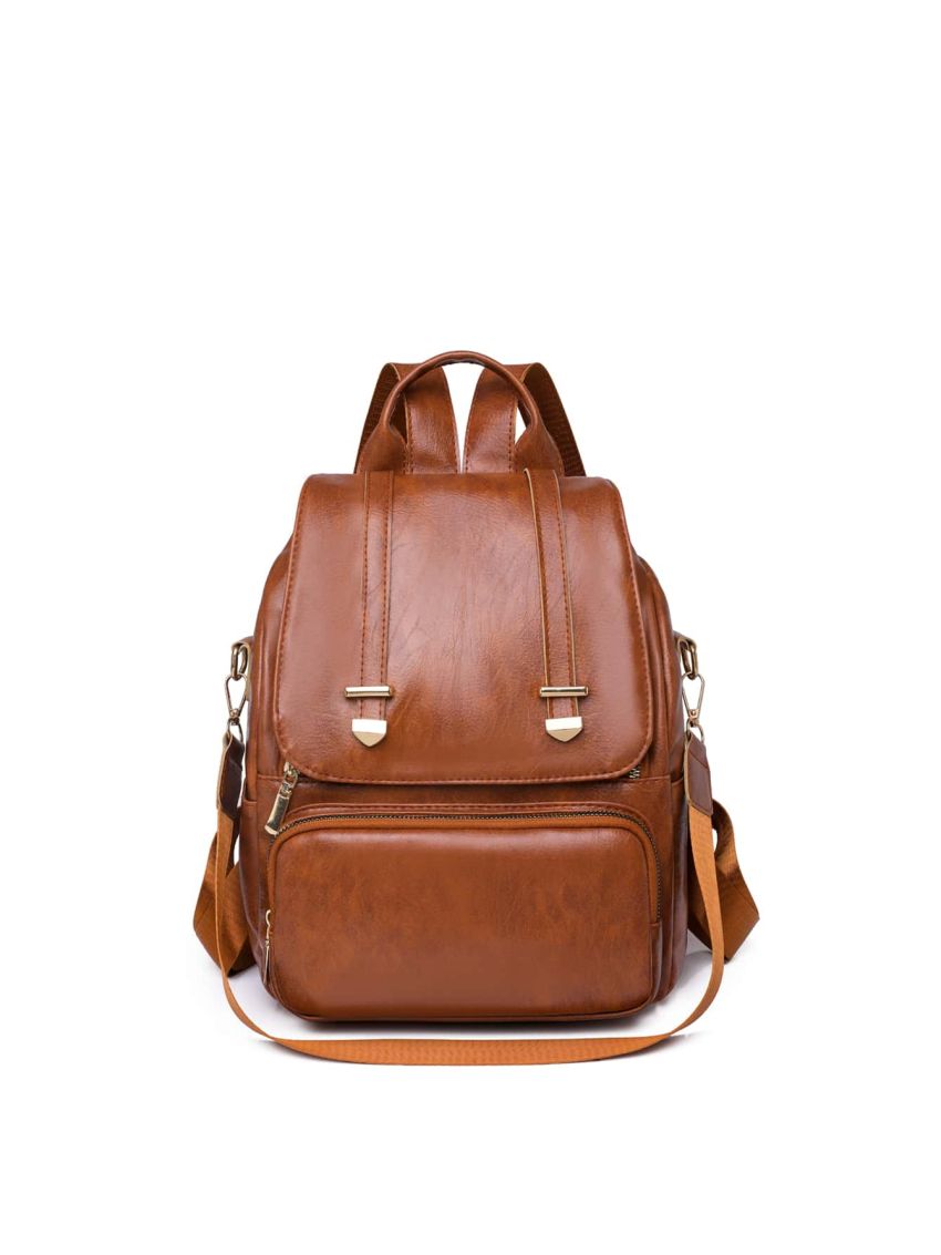 Pocket Front Flap Backpack Vintage PU For School