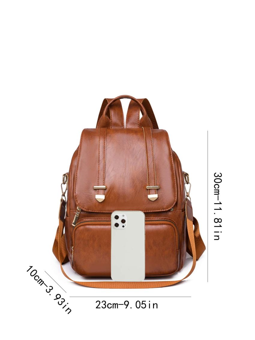 Pocket Front Flap Backpack Vintage PU For School