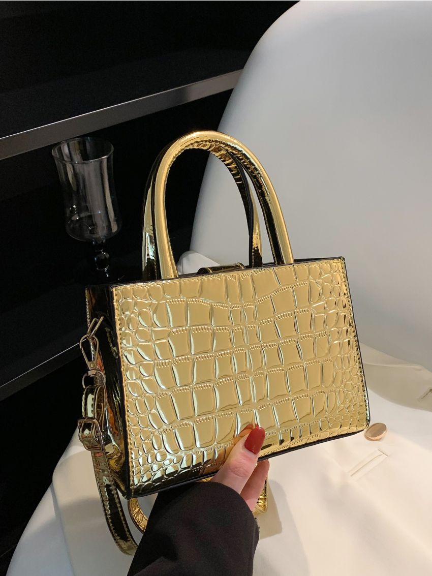 Mini Square Bag Crocodile Embossed Metallic PU For Daily Life