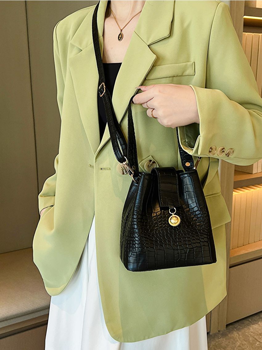 Mini Bucket Bag Crocodile Embossed PU Black For Daily Life