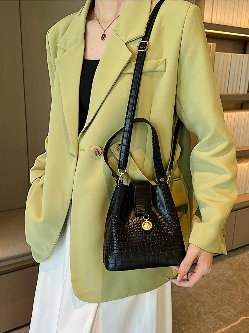 Mini Bucket Bag Crocodile Embossed PU Black For Daily Life