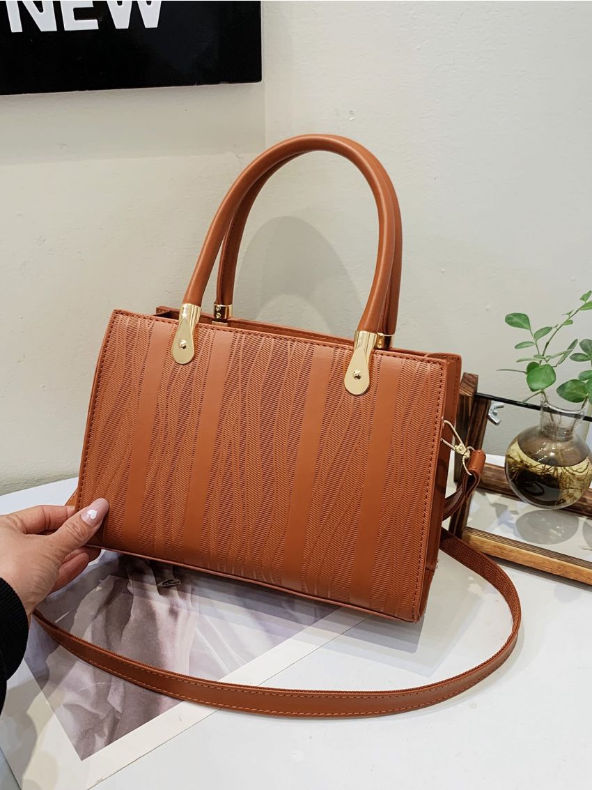 Embossed Detail Square Bag PU Double Handle For Daily Life