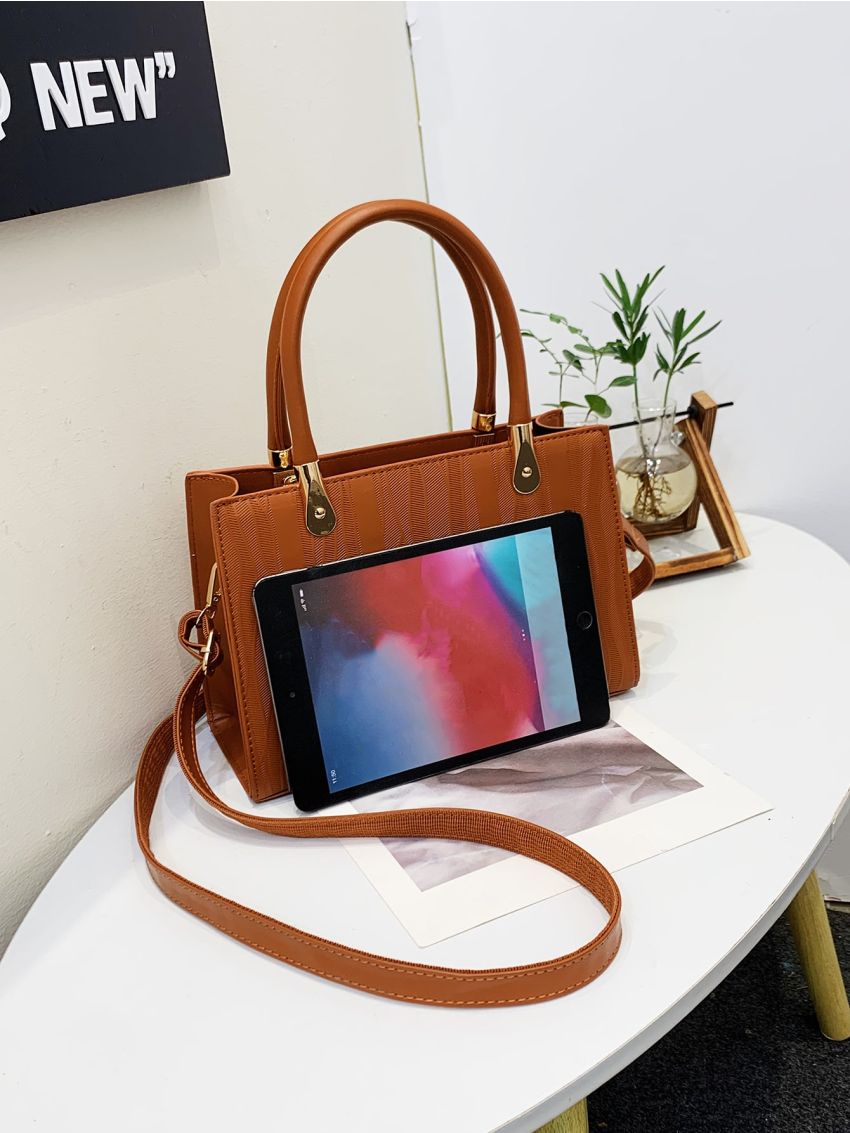 Embossed Detail Square Bag PU Double Handle For Daily Life