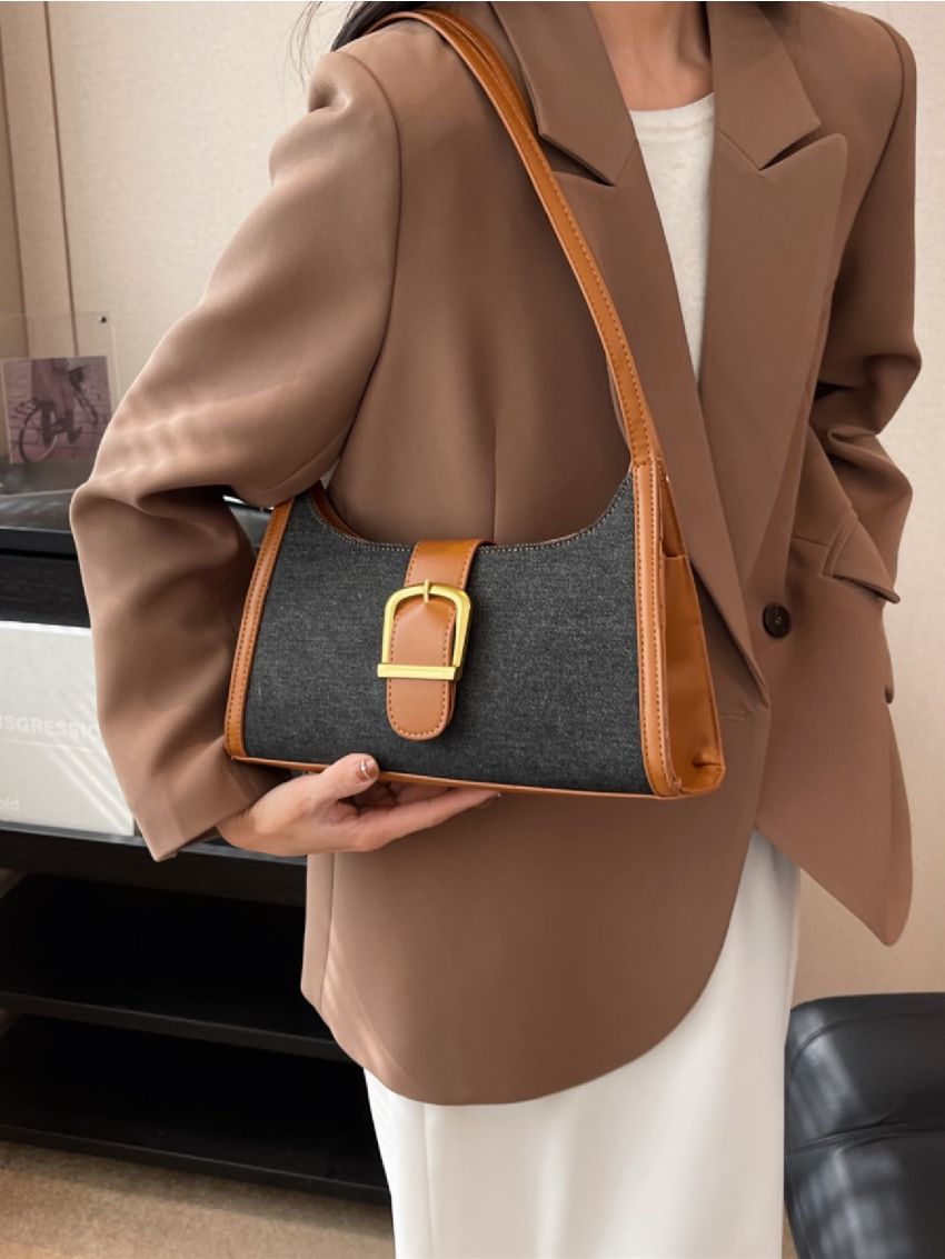 Buckle Decor Baguette Bag Two Tone For Daily Life