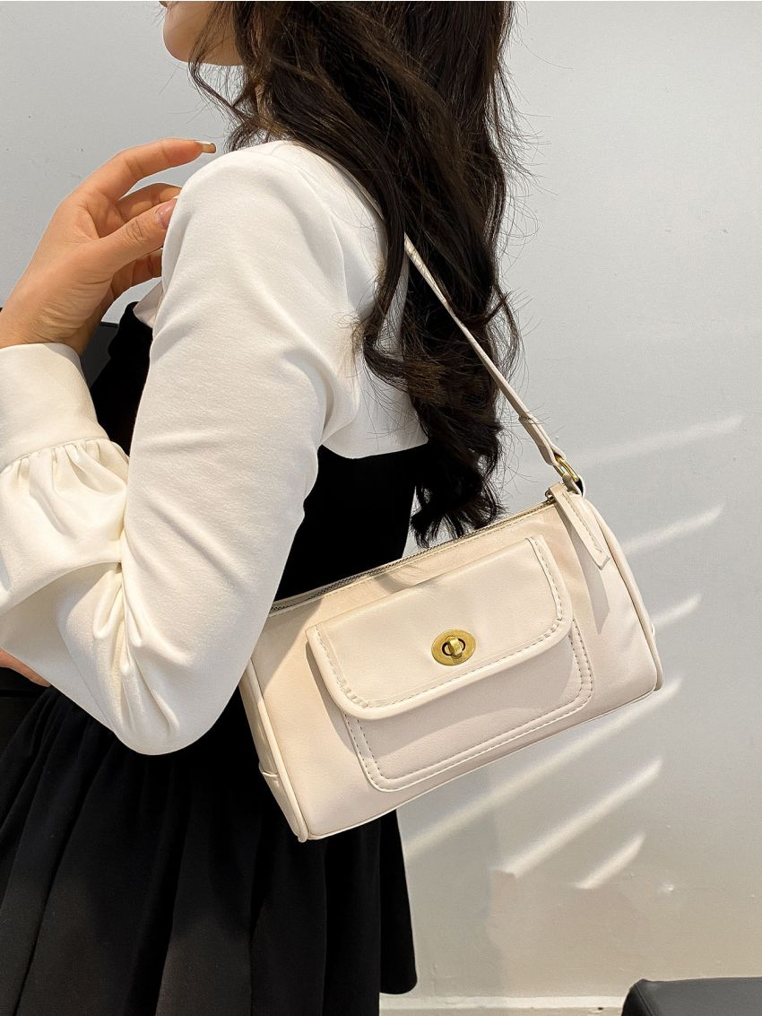 Medium Square Bag Turn Lock Pocket Front Minimalist