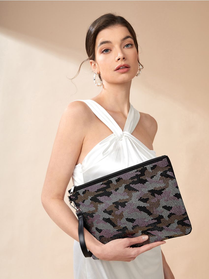 Random Graphic Rhinestone Decor Faux Suede Square Bag