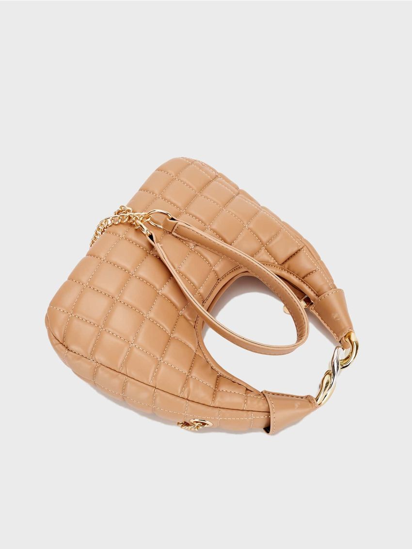 Quilted Pattern Top Handle Hobo Bag Chain Decor Fashion Brown