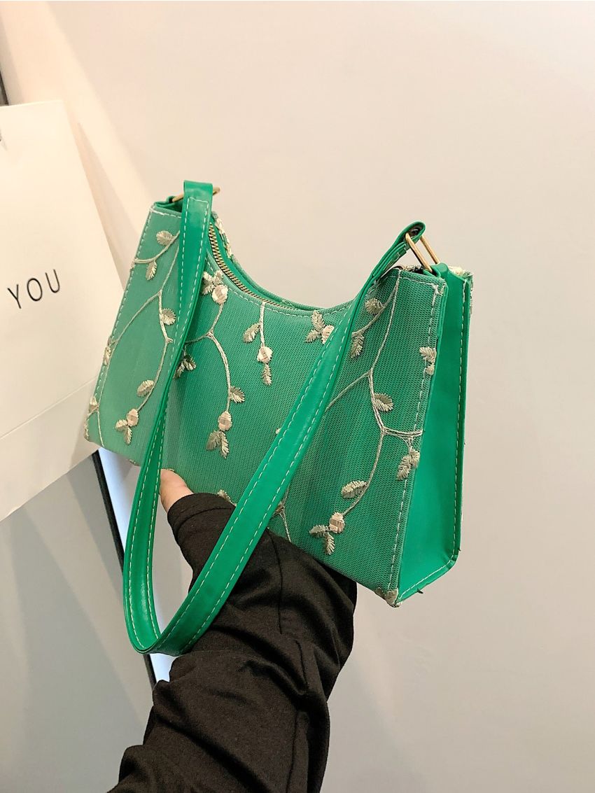 Plant Embroidery Baguette Bag Fashion Style