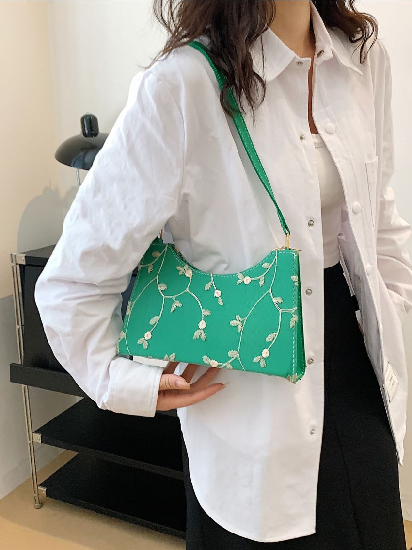 Plant Embroidery Baguette Bag Fashion Style