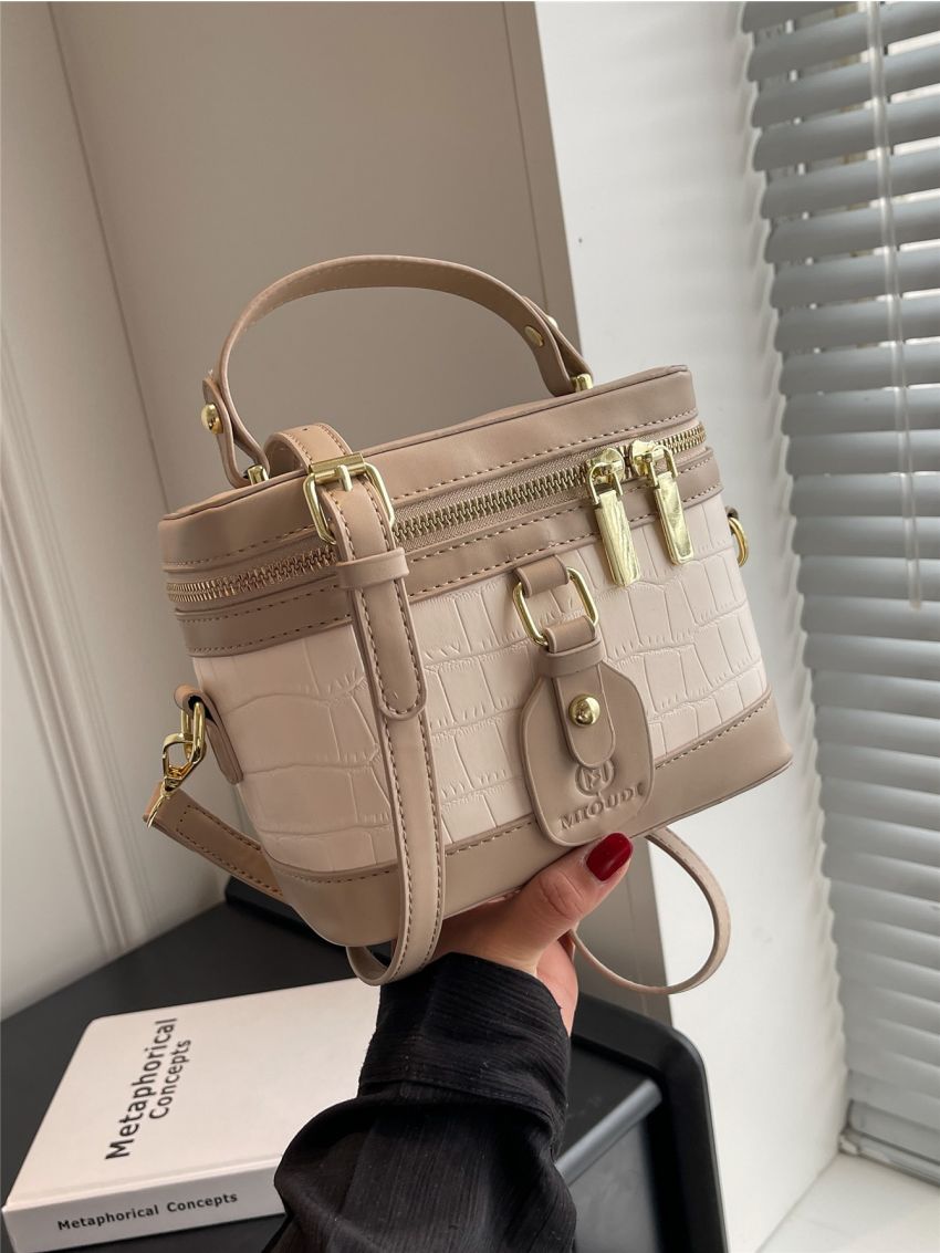 Mini Colorblock Crocodile Embossed Bucket Bag for Women