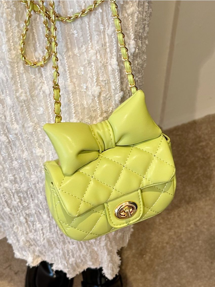 Quilted Square Bag Bow Decor Mini Twist Lock Green