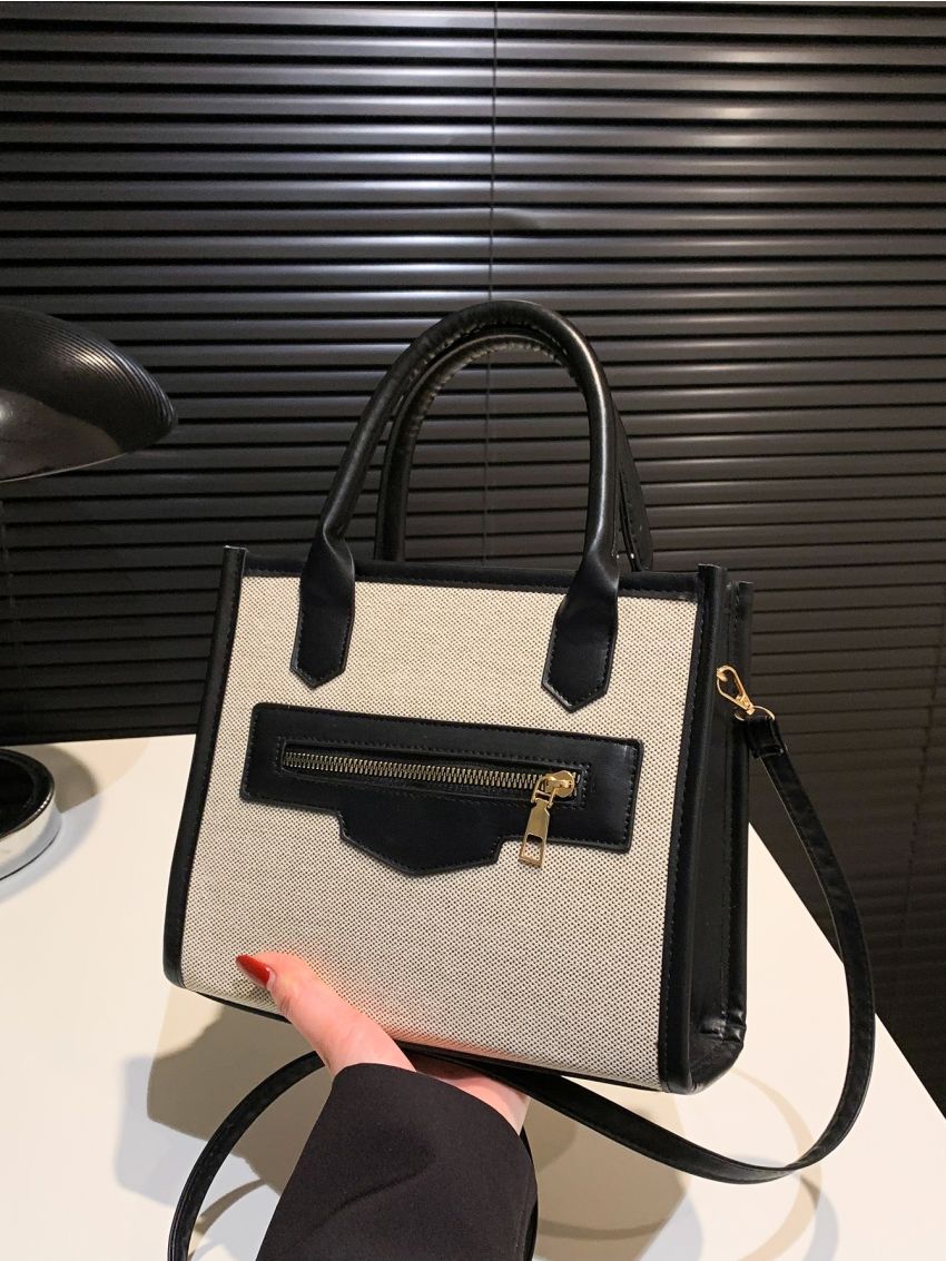 Two Tone Square Bag Zipper Detail Polyester For Daily Life