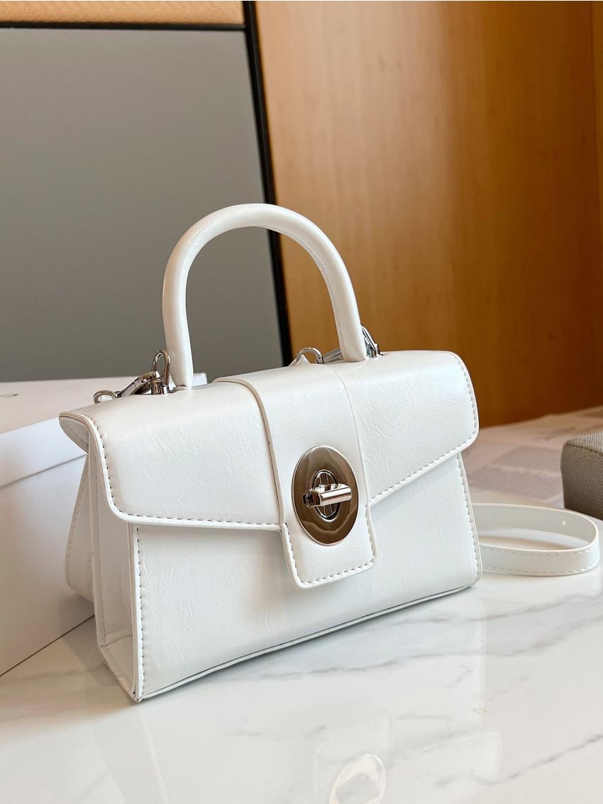 Mini Square Bag Twist Lock PU White For Daily Life