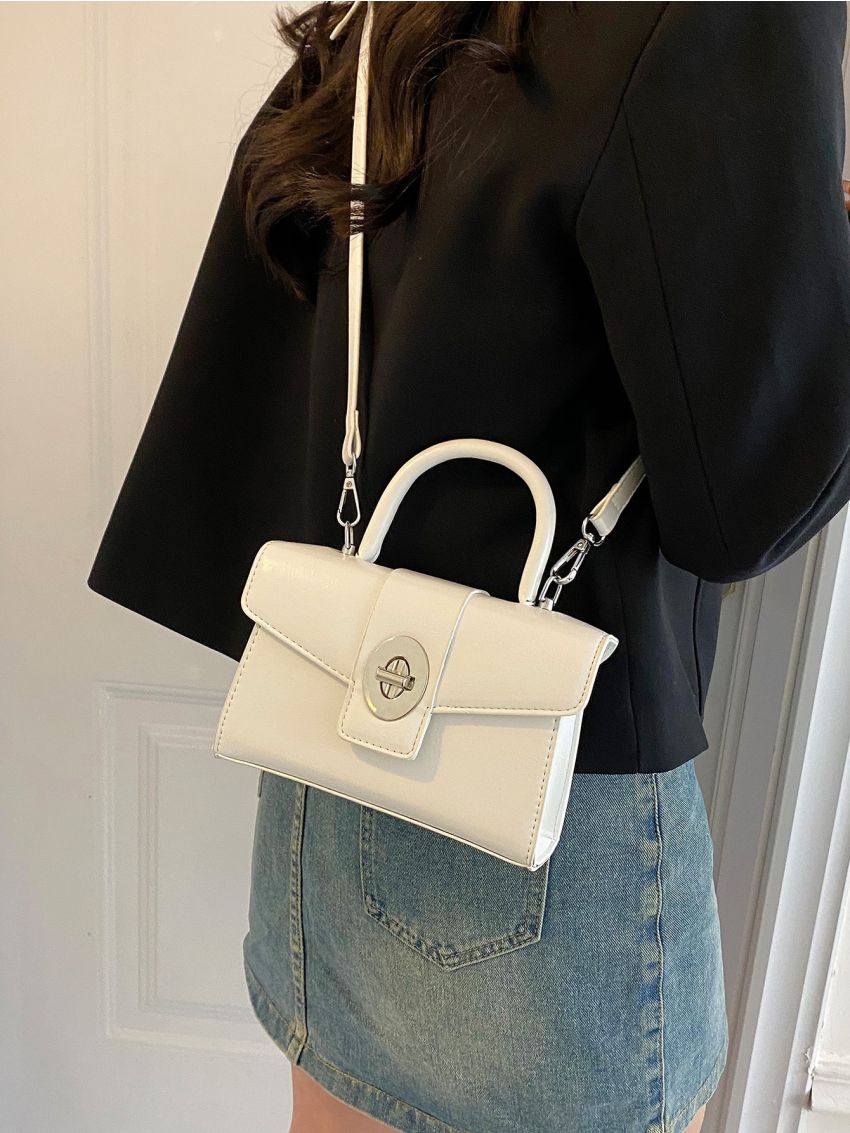Mini Square Bag Twist Lock PU White For Daily Life