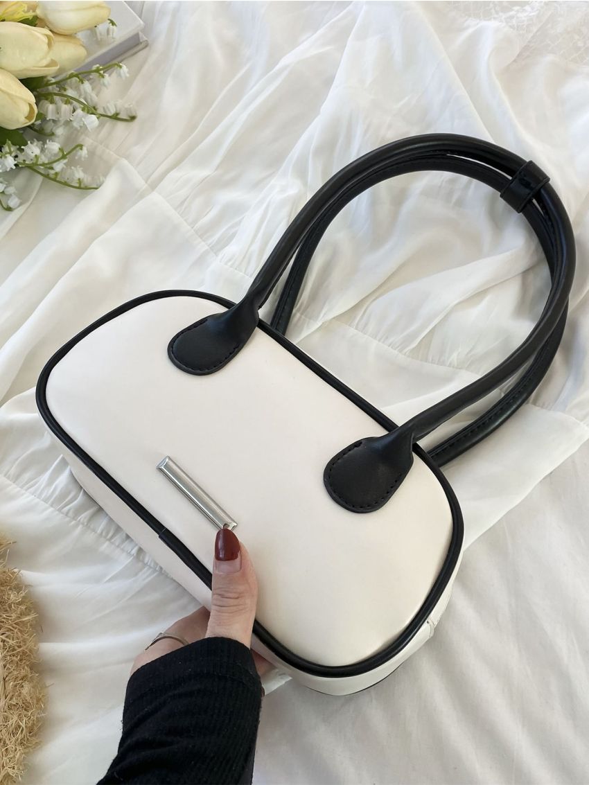 Contrast Piping Square Bag PU Metal Decor For Daily Life