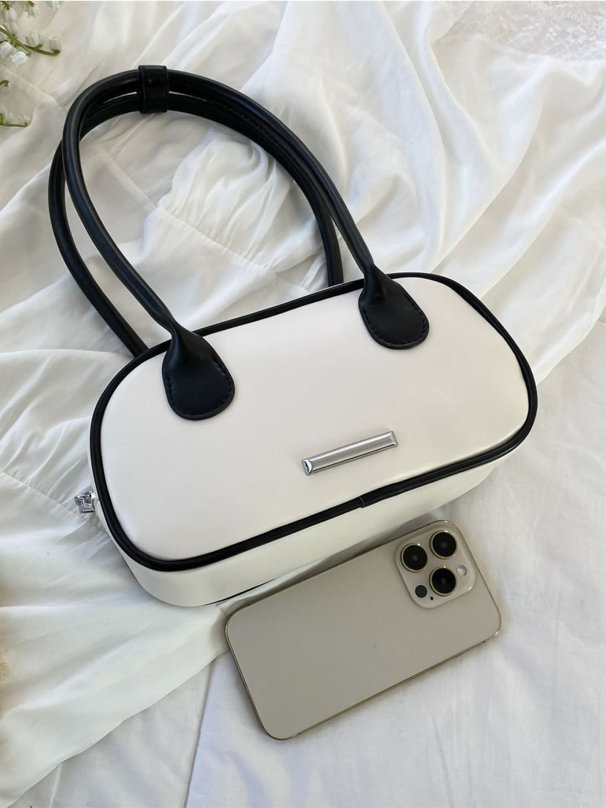 Contrast Piping Square Bag PU Metal Decor For Daily Life