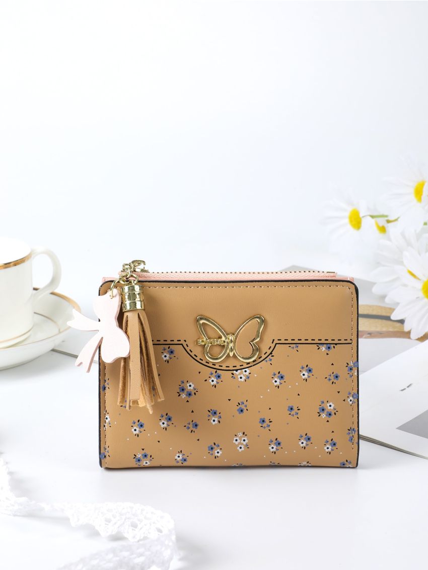 Floral Pattern Small Wallet Butterfly & Tassel Decor PU For Daily Life