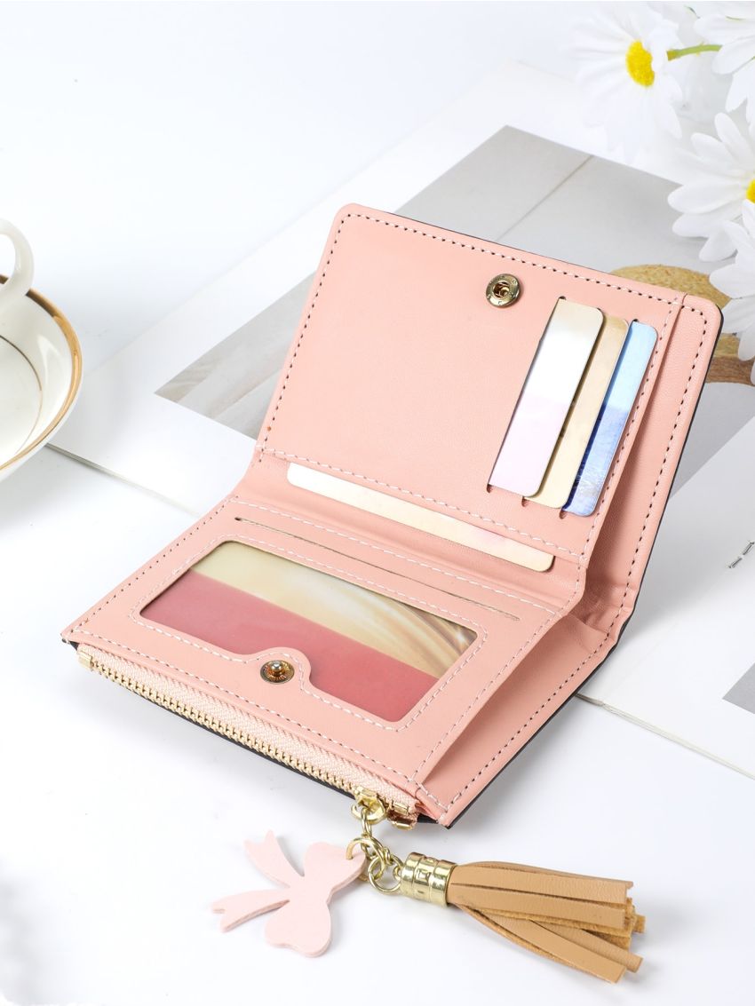 Floral Pattern Small Wallet Butterfly & Tassel Decor PU For Daily Life
