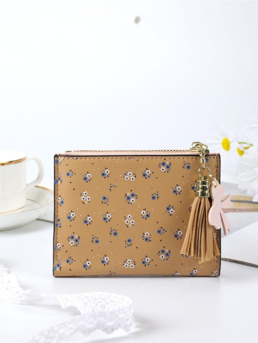Floral Pattern Small Wallet Butterfly & Tassel Decor PU For Daily Life