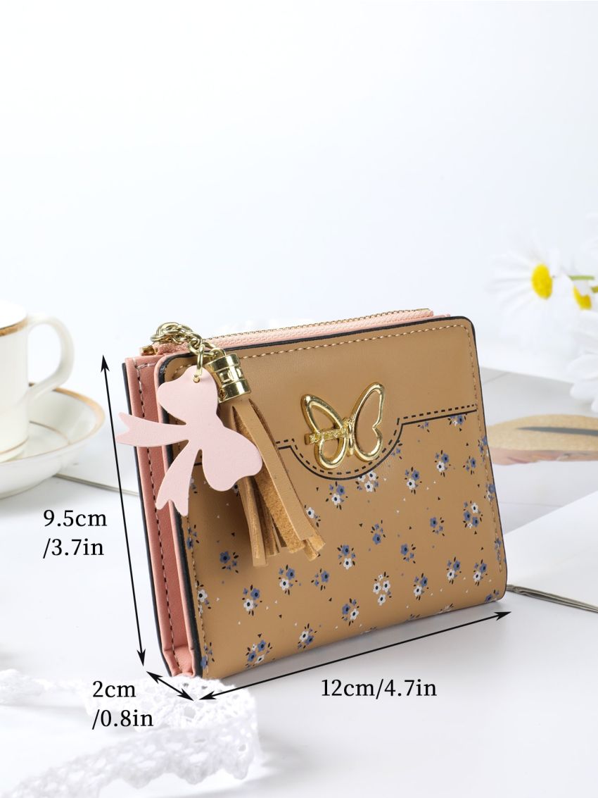 Floral Pattern Small Wallet Butterfly & Tassel Decor PU For Daily Life